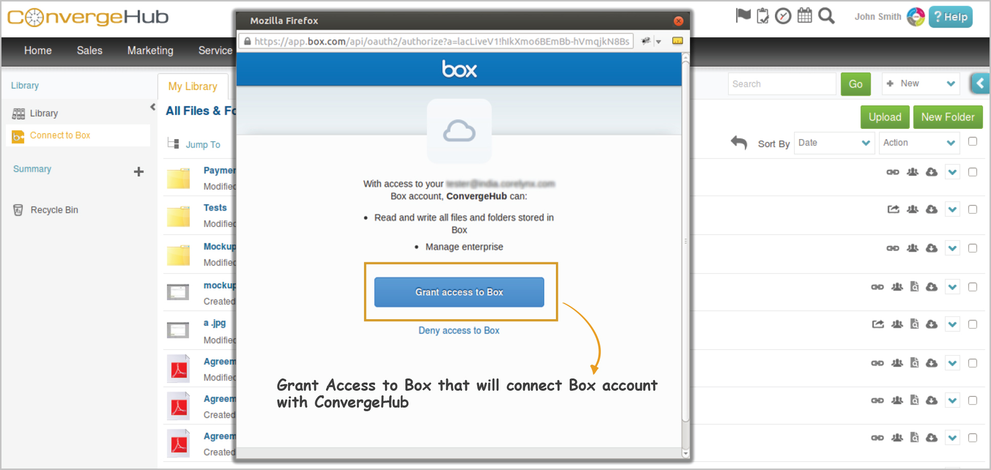 Click on ''Grant Access to Box'' that will connect Box account with ConvergeHub