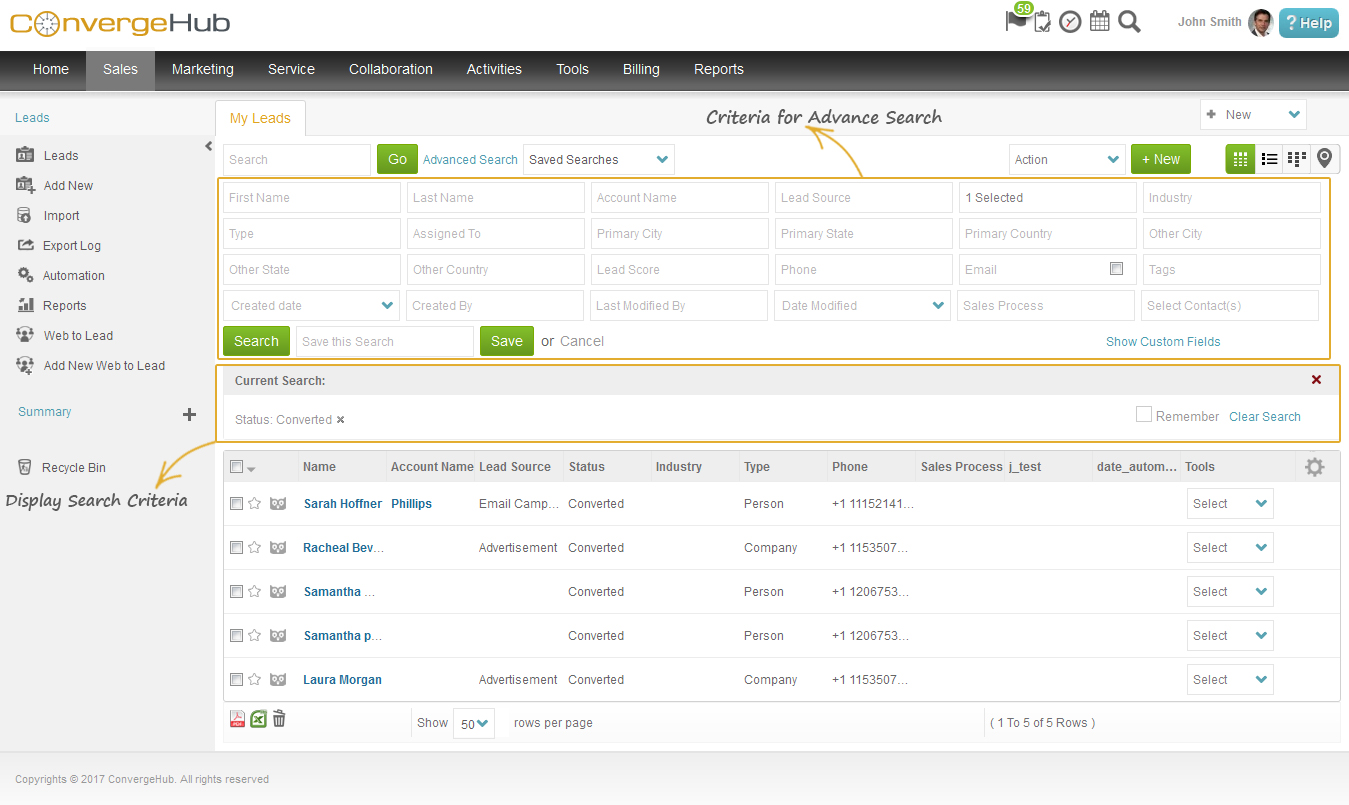 Advance Search ConvergeHub CRM