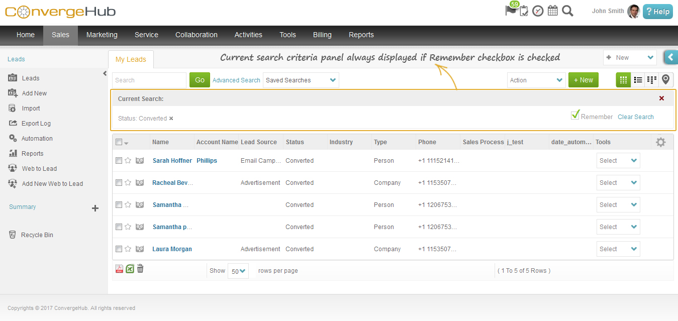 Search Criteria ConvergeHub