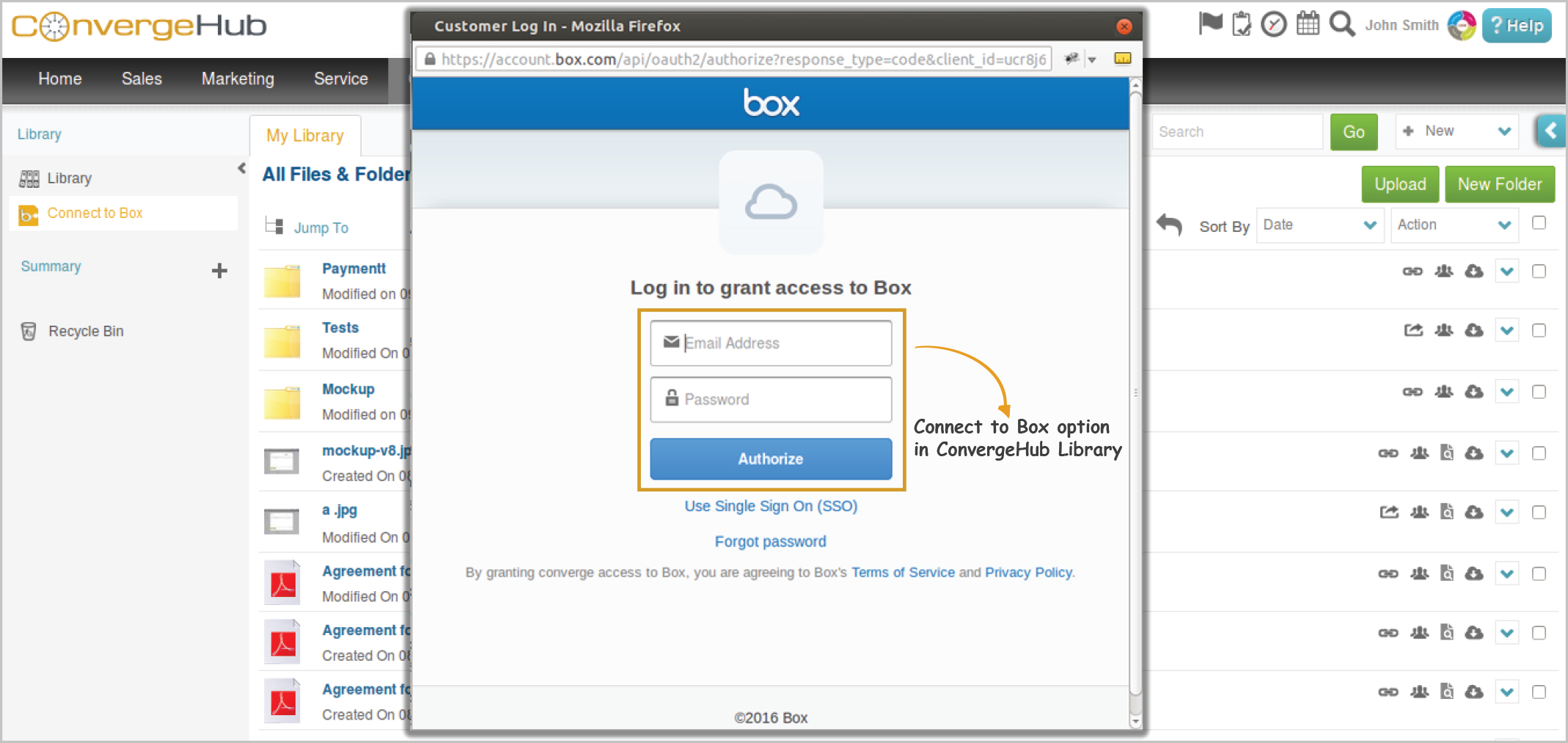 Connect to Box option in ConvergeHub Library