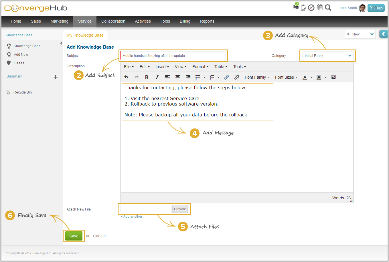 Procedure of Knowledge Base from the Service Menu