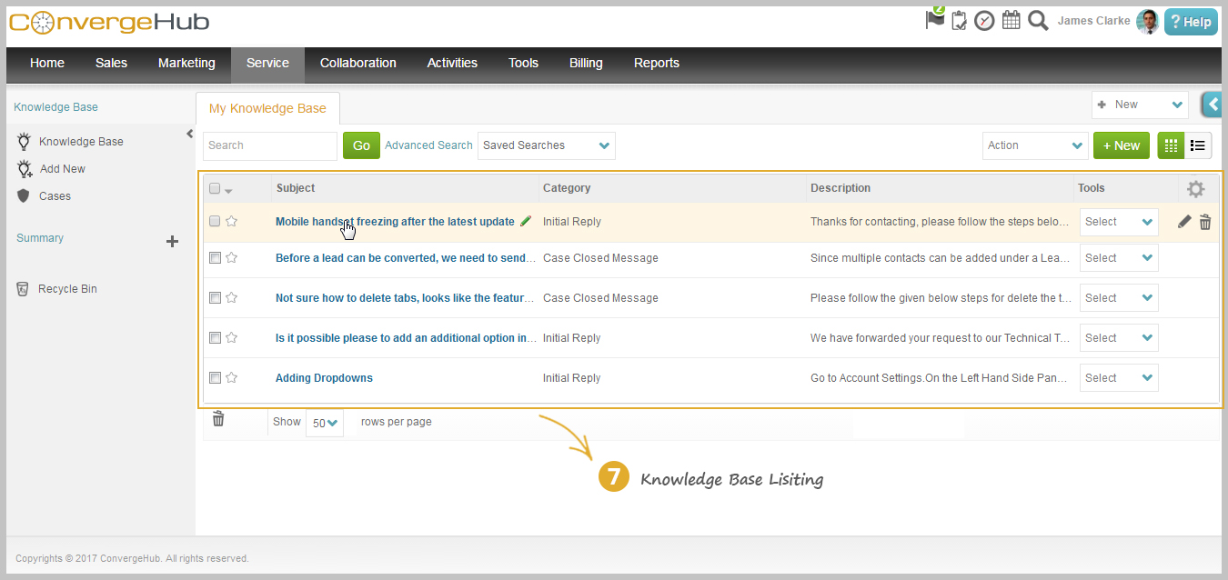 Knowledge Base Listing Page to perform Add, Edit and Delete functions